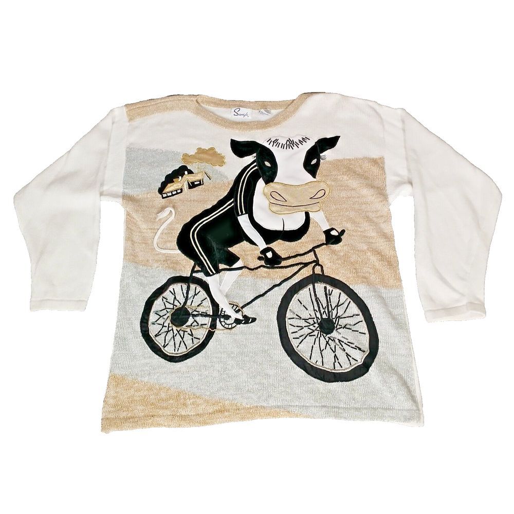 VTG Sandylo Sweater 3/4‎ Sleeves Sexy Cow On Bike Knit Women's One Size, White